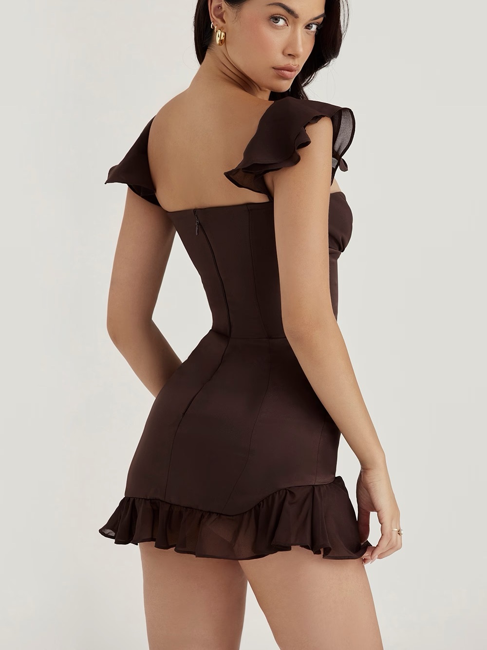House of CB Dionne Ruffle Corset Mini Dress Espresso, XS - Picture 4 of 10
